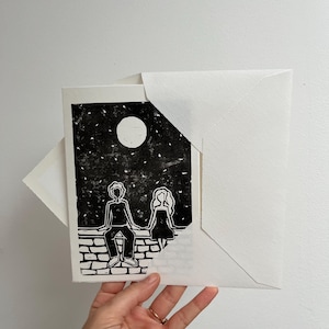 im Mondschein - Kunstkarte mit Linoldruck, handgedruckt