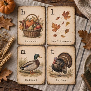 May include: Four rectangular cards with vintage-style illustrations and text. The top left card shows a basket of produce labeled h Harvest. The top right card shows falling leaves labeled l Leaf Showers. The bottom left shows a mallard labeled m Mallard. The bottom right shows a turkey labeled t Turkey.