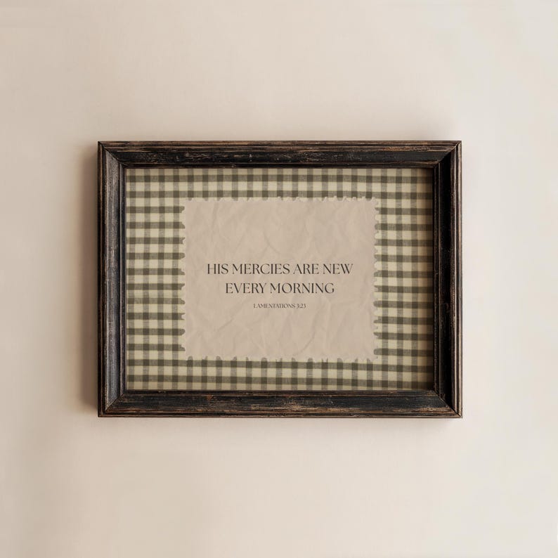 Gingham Bible Verse Wall Art, Lamenations 3:23-24 Vintage Scripture Print, New Mercies Christian Home Decor, Digital Download