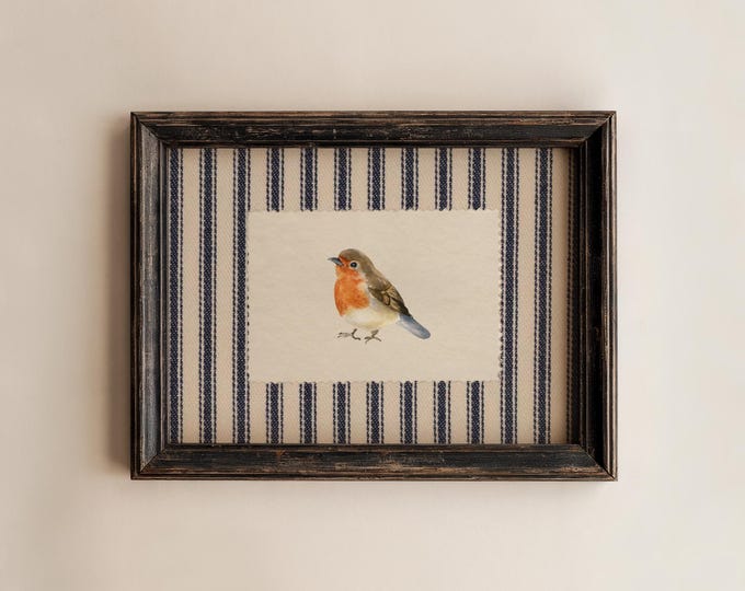 PHYSICAL PRINT Bird Striped Fabric Print, Watercolor Nature Wall Art, Vintage Cottagecore Decor, Mid Century (unframed)