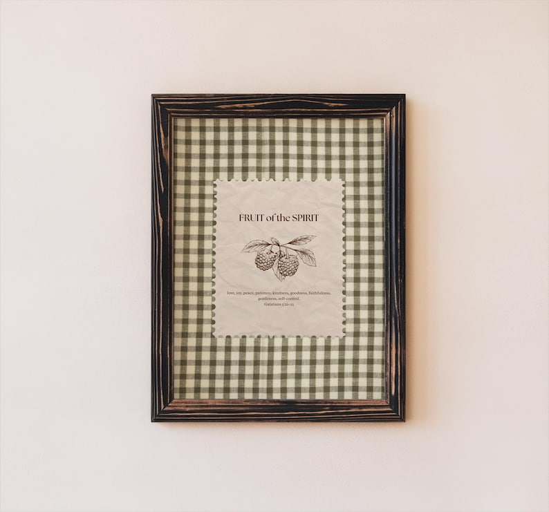 Fruit of the Spirit Wall Art, Green Gingham Bible Verse Print, Vintage Scripture Poster, Christian Home Decor, Vertical Digital Download