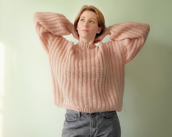 Handmade Crochet Sweater, Oversized Pink Jumper, Chunky Knit Winter Pullover, Womens Crew Neck Sweater