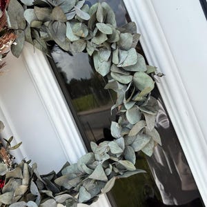Op de afbeelding: Een cirkelvormige krans gemaakt van gedroogde eucalyptusbladeren en ander gedroogd blad. De krans heeft een gedempte groene kleur en wordt getoond op een witte deur met een glaspaneel. Een decoratief item.