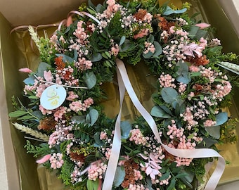 Kranz Türkranz Schleierkraut Trockenblumen Eukalyptus Hochzeit dekoration personalisiertes geschenk wanddeko geschenkidee handgemacht