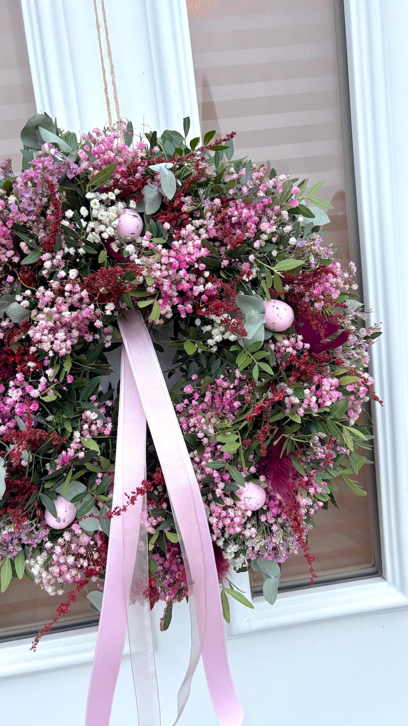 Kranz Türkranz Muttertag Osterkranz Schleierkraut Trockenblumen Eukalyptus dekoration personalisiertes geschenk wanddeko geschenkidee rosa Eier