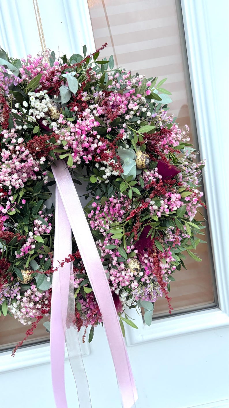 Kranz Türkranz Muttertag Osterkranz Schleierkraut Trockenblumen Eukalyptus dekoration personalisiertes geschenk wanddeko geschenkidee braune Eier