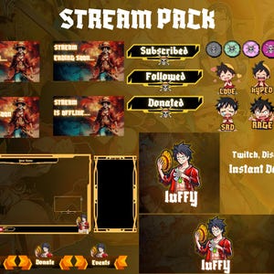 Puede incluir: Un paquete de transmisión digital con un personaje de dibujos animados con un sombrero de paja y una camisa roja. El paquete incluye una variedad de superposiciones animadas para Twitch, Discord y Kick. El texto "STREAM PACK" se muestra en letras grandes y negritas en la parte superior de la imagen. El texto "luffy" se muestra en letras grandes y negritas en la parte inferior de la imagen.