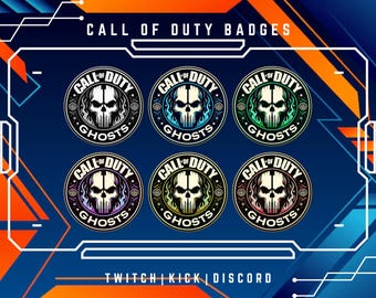 Op de afbeelding: Een afbeelding met zes cirkelvormige Call of Duty Ghosts-badges met een schedelontwerp. Elke badge heeft een ander kleurenschema, waaronder blauw, groen en paars. De tekst "CALL OF DUTY" en "GHOSTS" zijn zichtbaar. De afbeelding bevat ook de tekst "TWITCH | KICK | DISCORD".