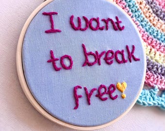 Bordado "Quiero liberarme", cita de Freddie Mercury en aro, decoración de pared con letras de Queen, regalo para fans del rock, aro bordado a mano