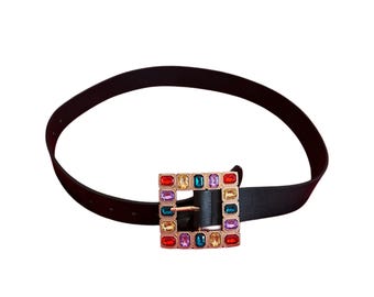 Vintage Black Belt with Colorful Gem Buckle – Bold & Elegant Accessory