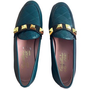Castellano Handmade Emerald Green Leather Loafers - Size 37 / US 7 / Like New - Old money shoes - Quiet Luxury Loafers