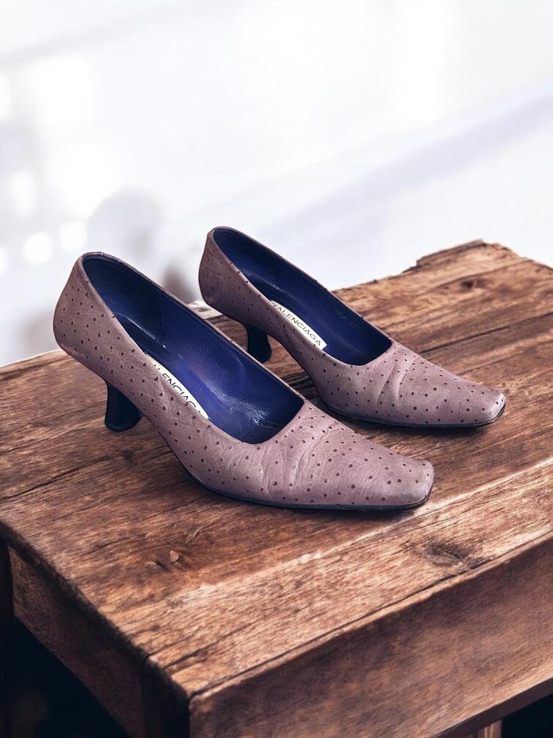 May include: A pair of mauve-colored, low-heeled pumps with a square toe and small black heels. The shoes have a dotted pattern and a blue interior. The shoes are displayed on a wooden surface.