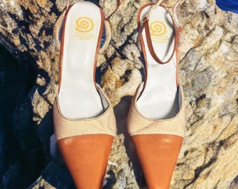 Vintage Ursula Mascaró Sandals Slingback Heels in Leather and Jute – Made in Menorca – Size 40