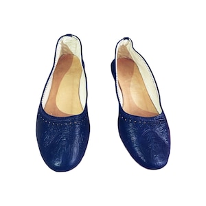 Handmade Moroccan Blue Leather Ballet Flats | Vintage 90s Embossed Leather Shoes | Size EU 38 / US 7.5