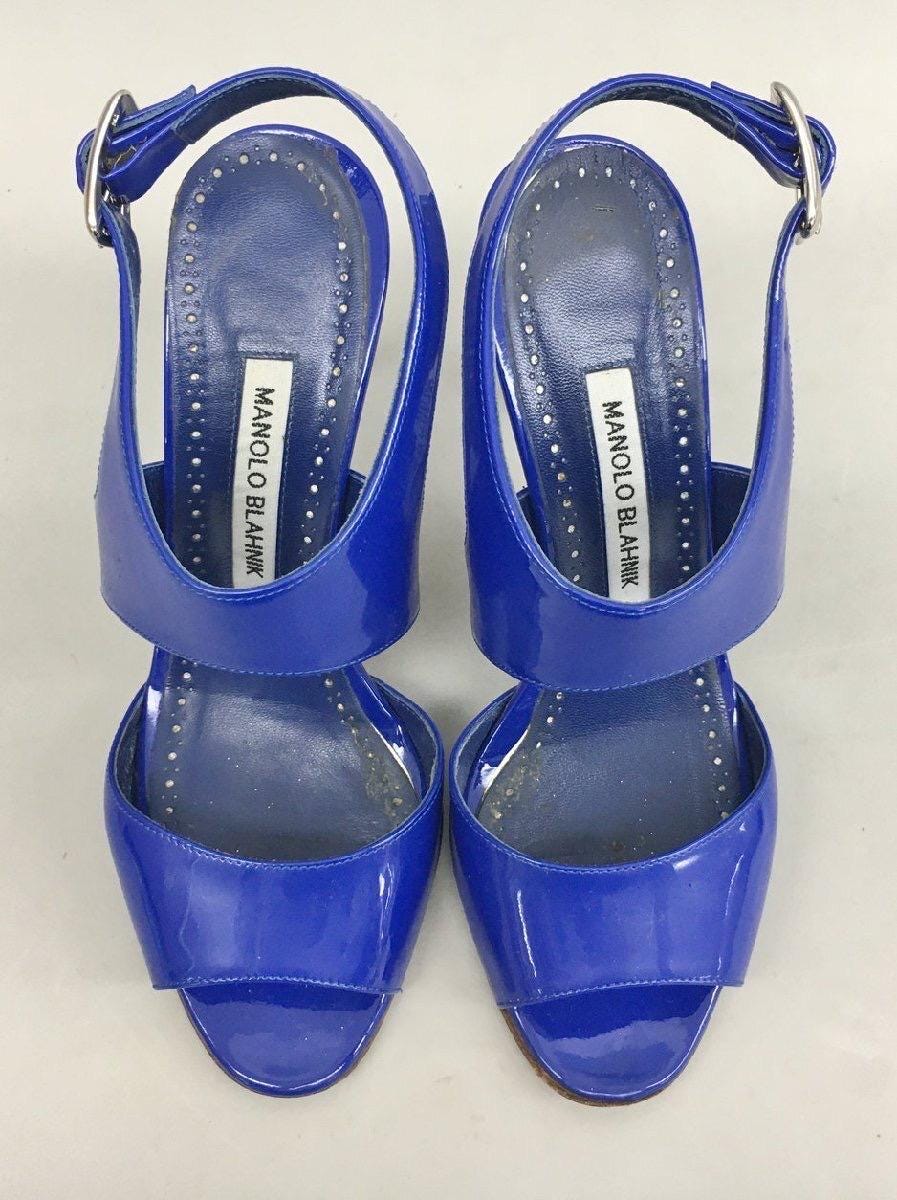 Sandales Manolo Blahnik BURLA 105 - Bleu Cobalt Verni, Talon Haut, Taille 36 Neuves Avec Boîte