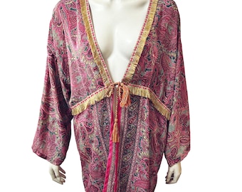 Vintage Silk Blend Kimono Robe with Paisley Print & Gold Fringe – Big Bull- Made in India - Boho hippie style