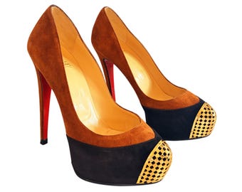 Christian Louboutin Suede Platform Pumps with Gold Metal Detail – Size EU 38 / US 7.5