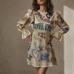 Y2K Graffiti Satin Mini Dress with Ruffle Sleeves – Pride Aesthetic Statement Party Dress – Size M – Thailand – 2000s Vintage Style