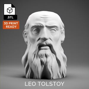 May include: A white plaster bust of Leo Tolstoy, a famous Russian author. The bust is a 3D printable model.