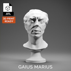 Puede incluir: Un busto de yeso blanco de Cayo Mario, un general y estadista romano, sobre un pedestal blanco. El busto es imprimible en 3D.