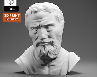 May include: A white plaster bust sculpture of Michelangelo, the famous Italian Renaissance artist. The bust is a 3D printable model.