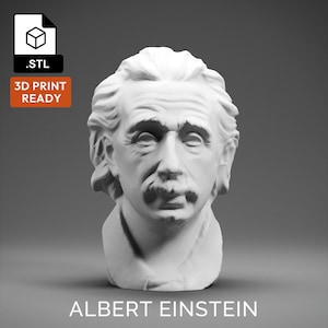 Peut inclure: Un buste blanc d'Albert Einstein, avec des traits faciaux détaillés, dont une moustache proéminente et un sourcil froncé. La sculpture est prête pour l'impression 3D, comme indiqué par le texte sur l'image. Le buste est posé sur un fond gris.