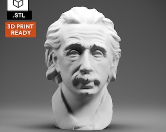May include: A white bust of Albert Einstein, featuring detailed facial features including a prominent mustache and furrowed brow. The sculpture is 3D print ready, as indicated by the text on the image. The bust is set against a gray background.