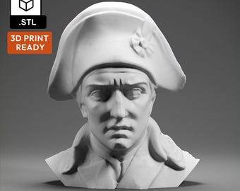 May include: A white 3D printed bust of Napoleon Bonaparte wearing a bicorne hat. The bust is 3D print ready and comes with an STL file.