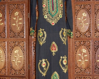 ON SALE 1970s Black Embroidered Maxi Boho Hippie Caftan Sz XS