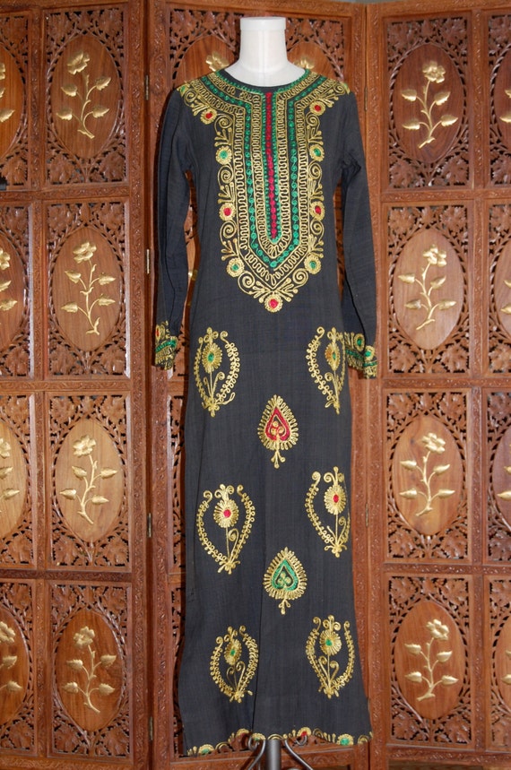 ON SALE 1970s Black Embroidered Maxi Boho Hippie … - image 1