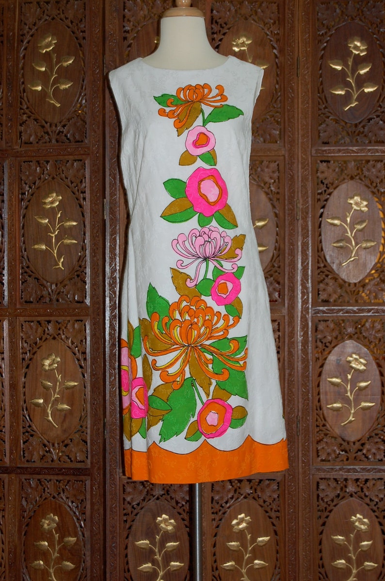 Vintage 1960s ALEX COLEMAN CALIFORNIA Neon Floral Cotton Sheath Dress image 3