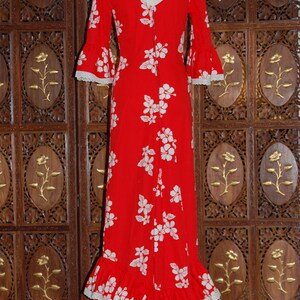 ON SALE Vintage 1970s French Red and White Cotton Floral Evening Dress UK8 image 3