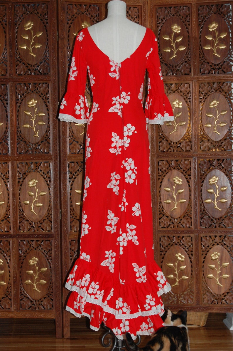 ON SALE Vintage 1970s French Red and White Cotton Floral Evening Dress UK8 image 3