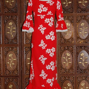 ON SALE Vintage 1970s French Red and White Cotton Floral Evening Dress UK8 image 1