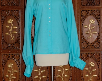 ON SALE Vintage 1970s Rare Jeff Banks Bright Turquoise Blouse