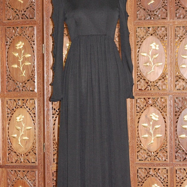 ON SALE Vintage 1960s Black Maxi Dress with cut out circles on the arms  Sz 8