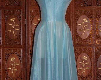 ON SALE 1950s Patio 'N Party California Aqua Sheer Silk Party Dress