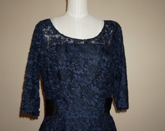 ON SALE Vintage 1960s Midnight Blue Venetian  Lace Cocktail  Dress