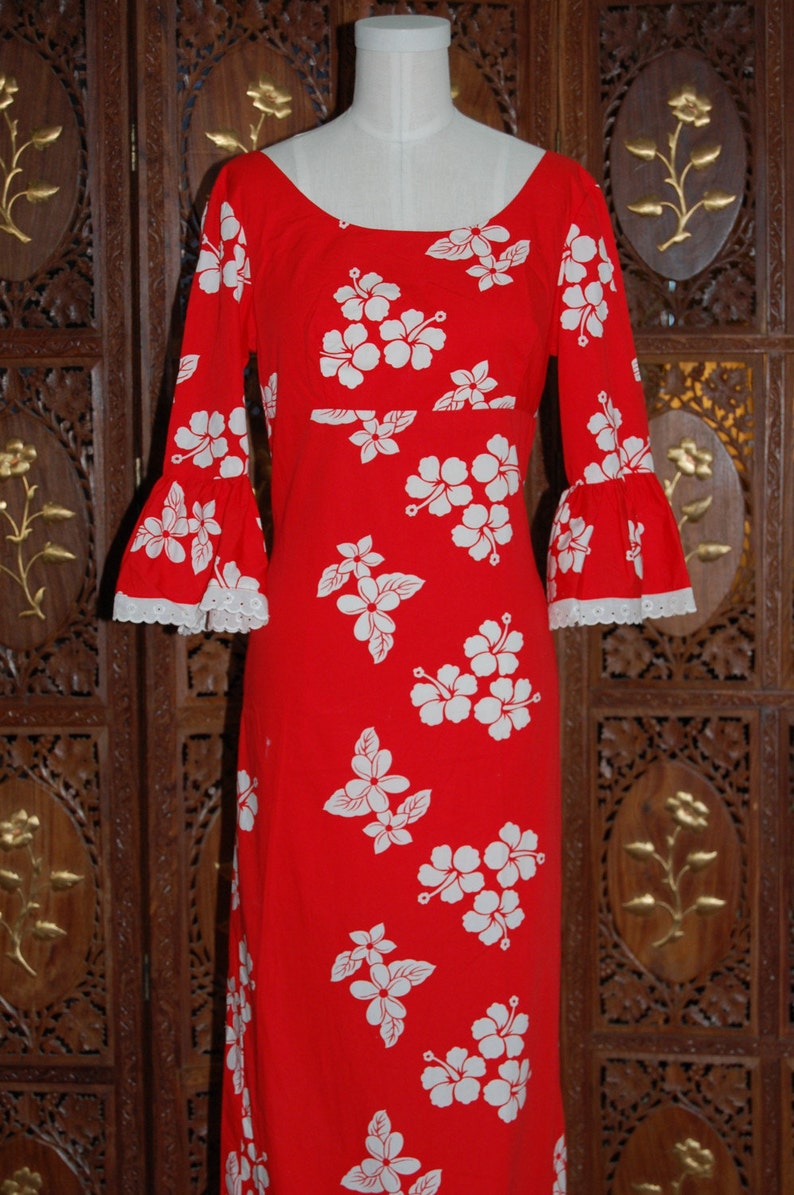 ON SALE Vintage 1970s French Red and White Cotton Floral Evening Dress UK8 image 4