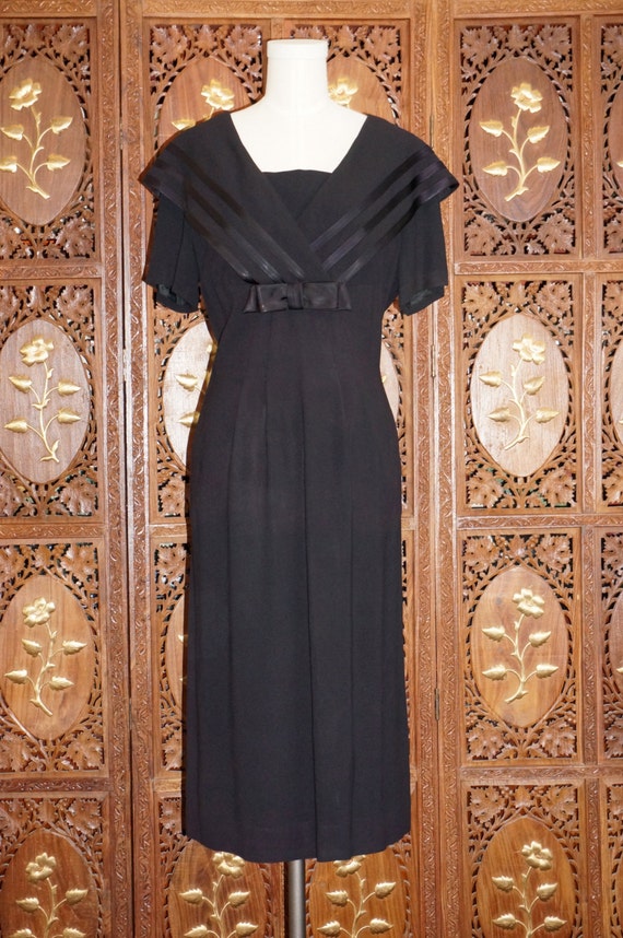ON SALE 1940s Black Crepe Sailor Collar Dress