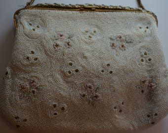 ON SALE Vintage 1940s SAGIL Handmade Paris France White Micro Glass Beaded Clutch Bag
