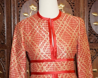 1970s Elinor Simmons for Malcom Starr Red Gold Metallic Brocade Dress/Coat  Sz 6