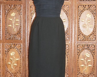 ON SALE 1950s LBD Silk Chiffon and Cashmere Cocktail Dress Sz S