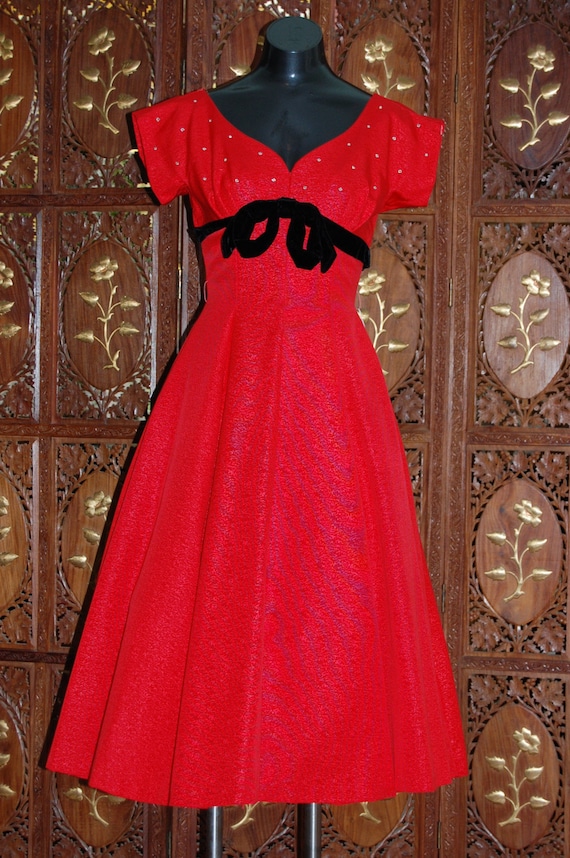 ON SALE Vintage 1950s Red Moire Taffeta Dress