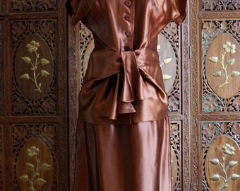 ON SALE 1940s Silky Liquid Satin Copper Skirt Suit