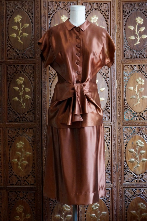 ON SALE 1940s Silky Liquid Satin Copper Skirt Suit