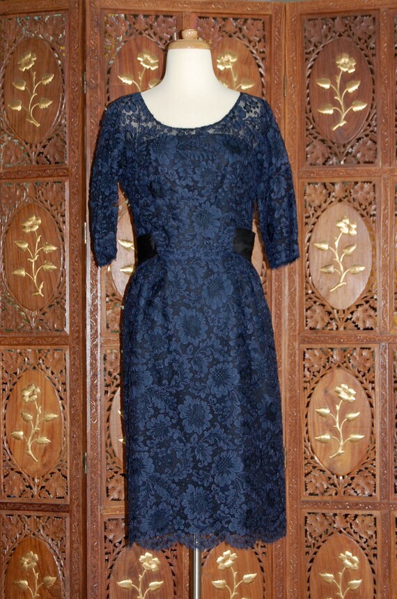 Vintage 1960s Venetian Lace Cocktail Dress - Midnight Blue Wiggle Dress