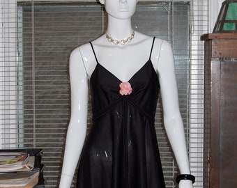 ON SALE Vintage 70s Boho Hippie Black Maxi Dress with Pink Silk Florals