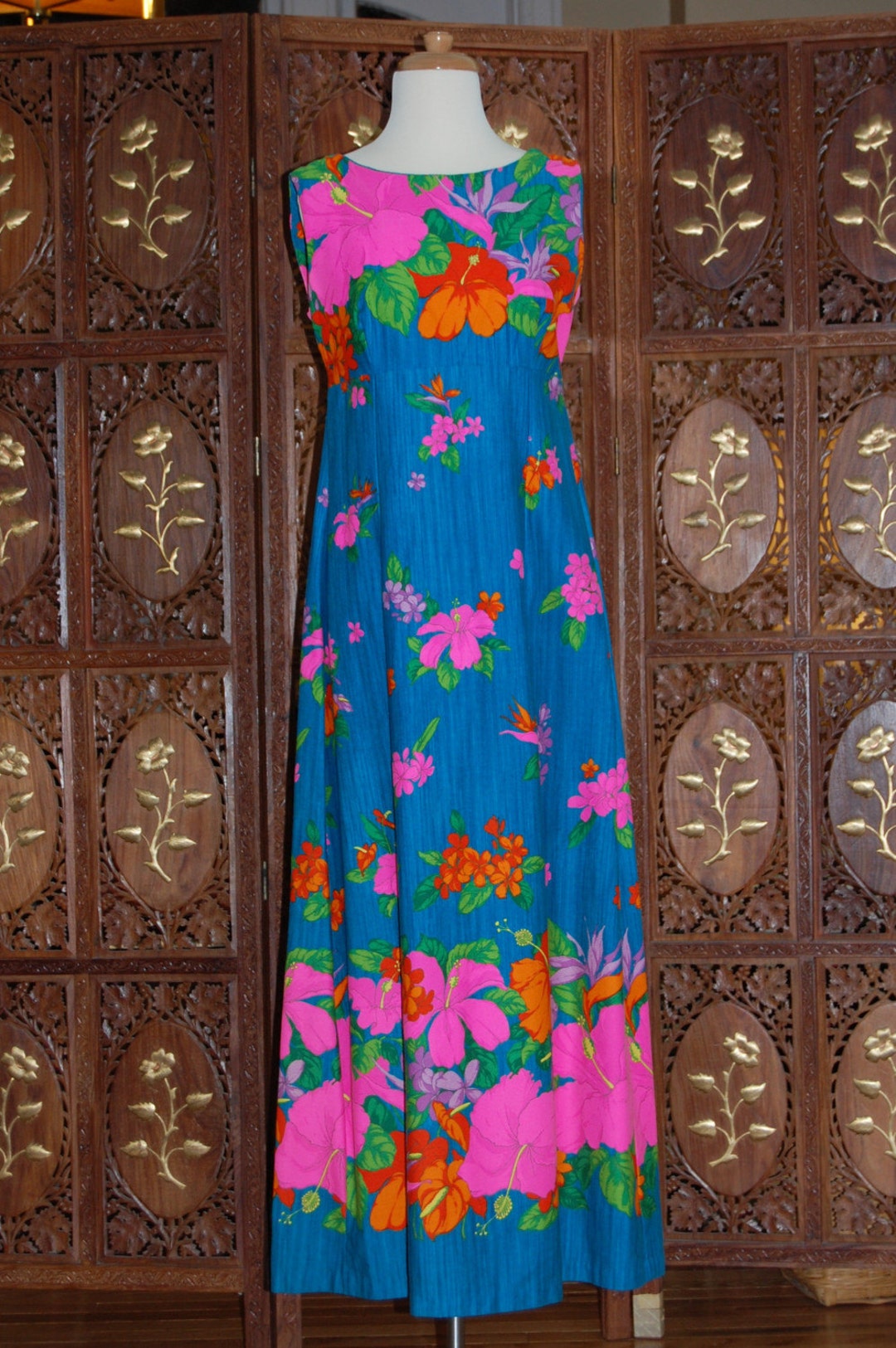 1970s Hawaiian Bark Cloth Maxi Dress: Neon Floral Empire Waist - Etsy