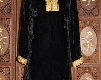 ON SALE Vintage 1960s Original Black Velvet Nehru Dress with Gold Tapestry Trim